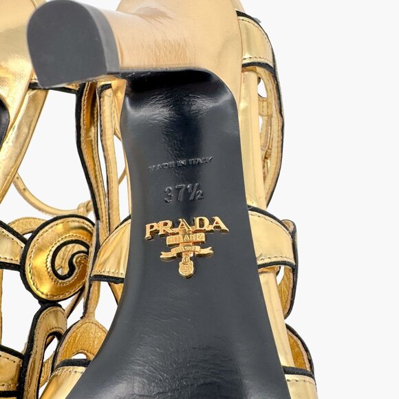 Prada Baroque Gold Caged Sandals Size 37.5 US 7.5 Cutout Metallic Leather Heels - Picture 14 of 15
